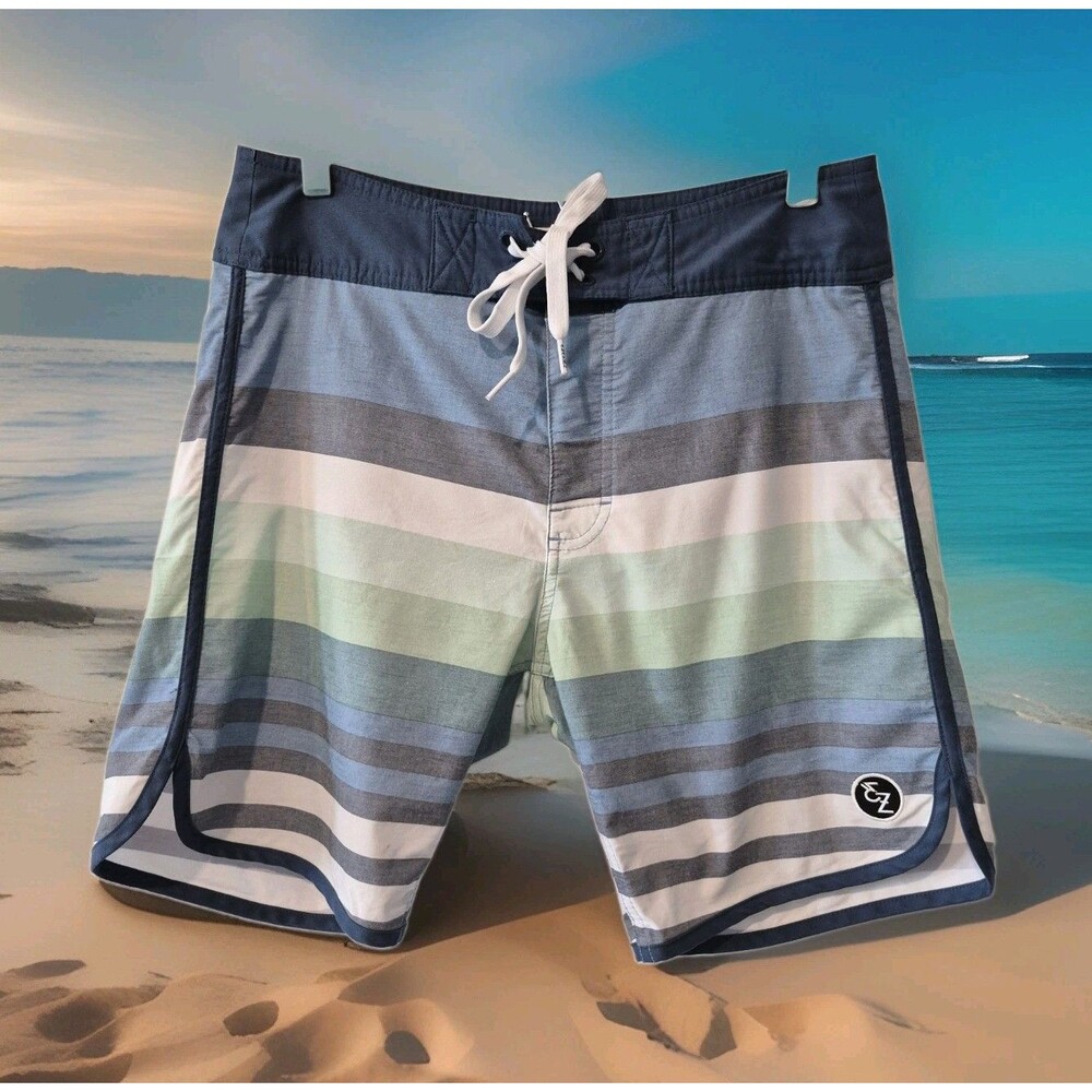 Ezekiel Mens 38 Boardshorts Striped Swim Trunks Surf Skate Scallop Board Shorts